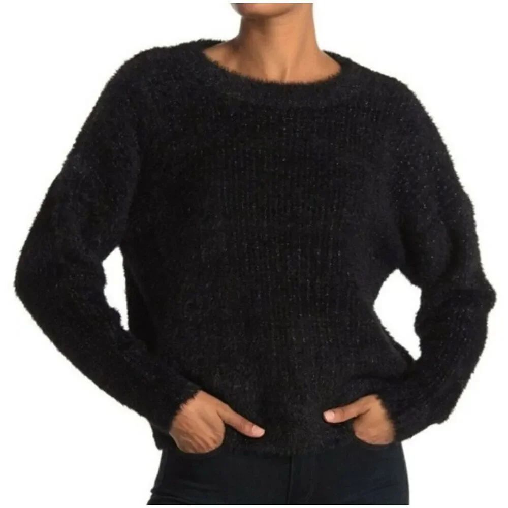 Frnch eyelash sparkly fuzzy cozy shimmer black crop sweater